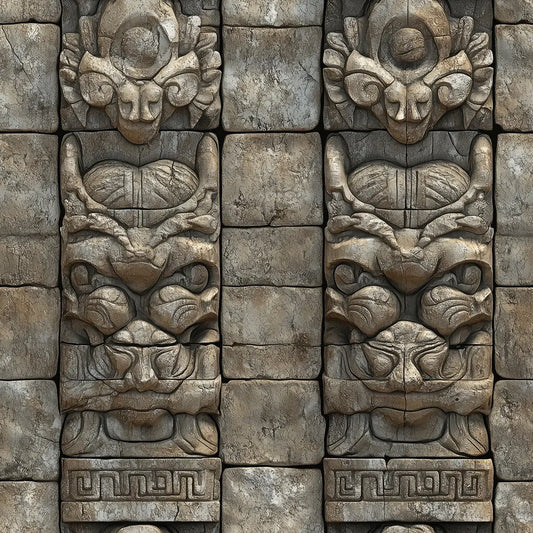 Tapete Steinoptik Tempelwaechter Relief Nahansicht – Dunkelgraugruen, Bronze, Schwarz, selbstklebend