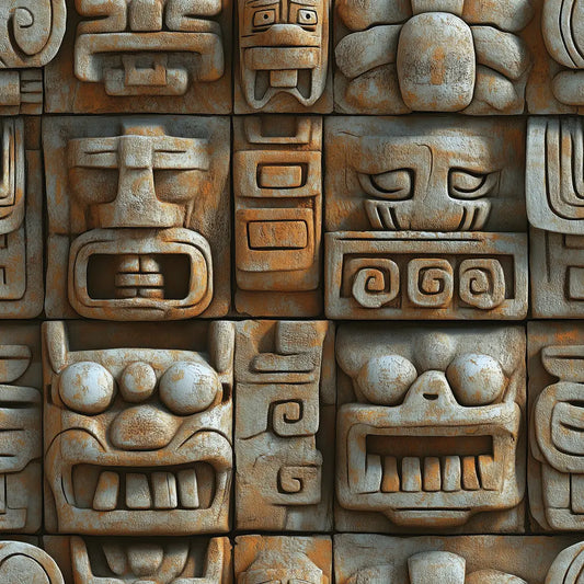 Tapete Steinoptik Tempelmaske Stein Nahansicht – Braungrau, Blaugruen-Patina, Ocker, selbstklebend