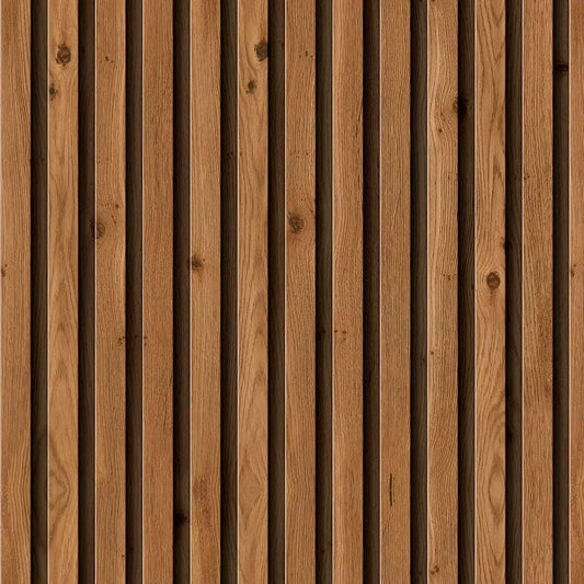 Eichenholz Tapete mit vertikalem Latten-Design für stilvolle Wandgestaltung. PVC-freie Tapete ideal für modernes Home & Garden Dekor.