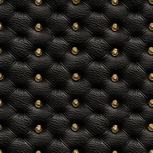 Luxuriöse 3D-Tapete in schwarzer Lederoptik Mit goldenen Zierknöpfen Selbstklebend & PVC-frei – made by PCC FoliaConcept!