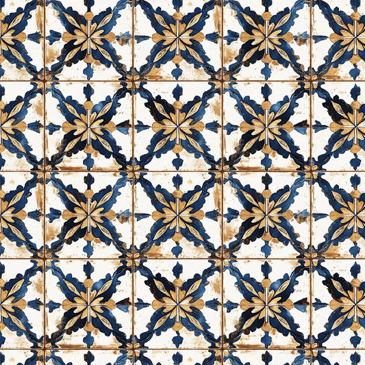 Fliesenfolie Blau Weiß Klassisch Detailansicht – Blau, Gold, Weiß, Dunkelblau, selbstklebend