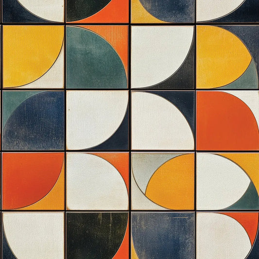 Fliesenfolie Retro Geometrisch Detailansicht – Orange, Senfgelb, Tannengruen, Dunkelblau, Hellgrau, selbstklebend