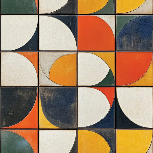 Fliesenfolie 70er Retro Bunt Detailansicht – Orange, Senfgelb, Tannengruen, Marineblau, Creme, selbstklebend