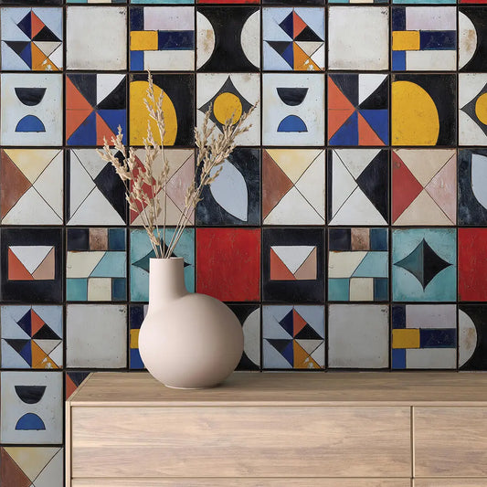 Fliesenfolie Bauhaus Geometrisch Detailansicht – Gelb, Rot, Tuerkis, Blau, Schwarz, Weiss, selbstklebend