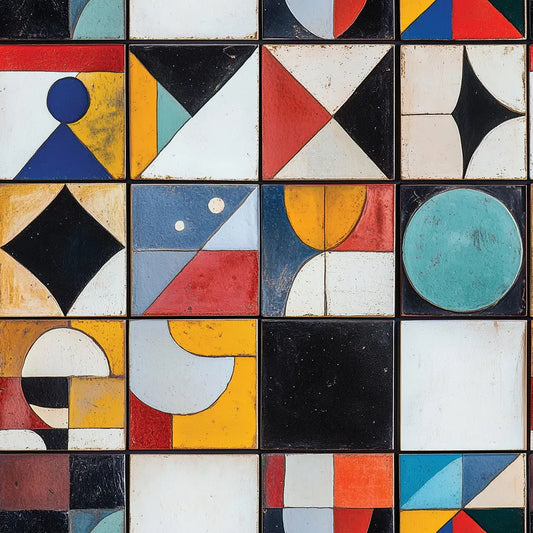 Fliesenfolie Geometrisch Bunt Detailansicht – Orange, Senfgelb, Schwarz, Hellgrau, selbstklebend