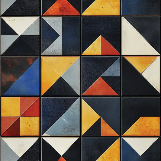 Fliesenfolie Geometrisch Dunkel Detailansicht – Schwarz, Dunkelblau, Senfgelb, Orange-Rot, Hellgrau, selbstklebend