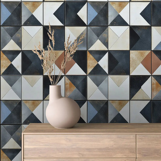 Fliesenfolie Modern Geometrisch – Quadratische Fliesen mit markanten Dreiecks- und Rautenmustern in gedeckten Farben