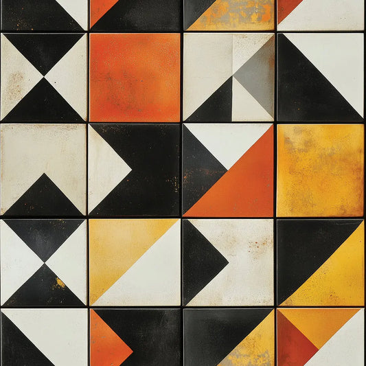 Fliesenfolie Orange Schwarz Geo Detailansicht – Orange, Schwarz, Senfgelb, Hellgrau, Cremeweiß, selbstklebend