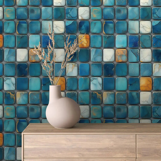 Fliesenfolie Mosaik Blau Detailansicht – Tuerkis, Petrol, Aquamarin, Gold, selbstklebend