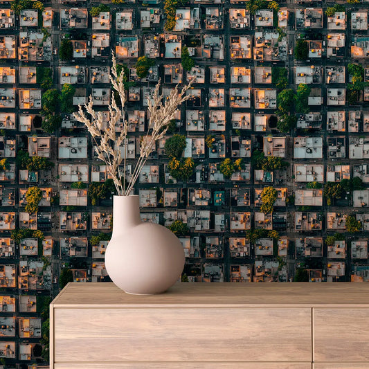 Selbstklebende Tapete mit Luftaufnahme beleuchteter Stadtviertel bei Daemmerung