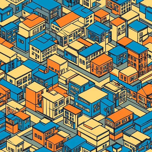 Isometrisches Muster mit stilisierten Haeusern in Retro-Farben Blau und Orange