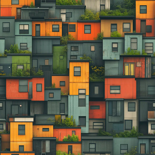 Muster mit gestapelten bunten Containerwohnungen und Dachbegruenung