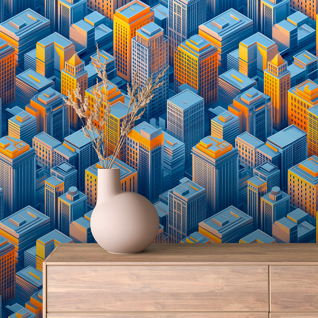 Wandbild blaue und gelbe stilisierte Gebäude in der Sonne