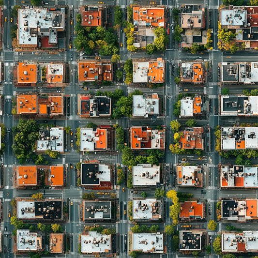 Draufsicht auf Stadtraster mit bunten Hausdaechern und Strassenbaeumen