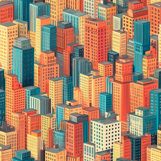 Isometrische Skyline mit Wolkenkratzern in kraeftigen Rot Orange und Tuerkistoenen