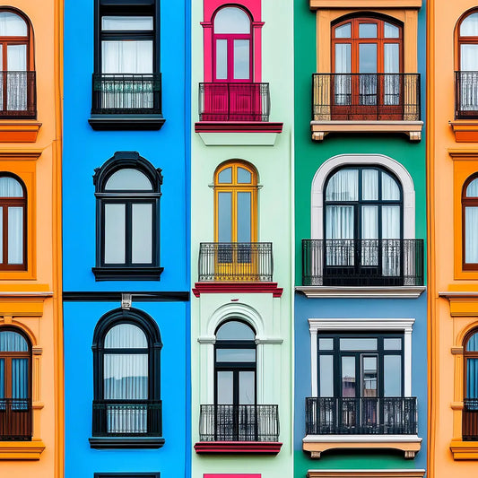 Bunte Fassade mit Bogenfenstern und schmiedeeisernen Balkonen in Blau Orange und Gruen