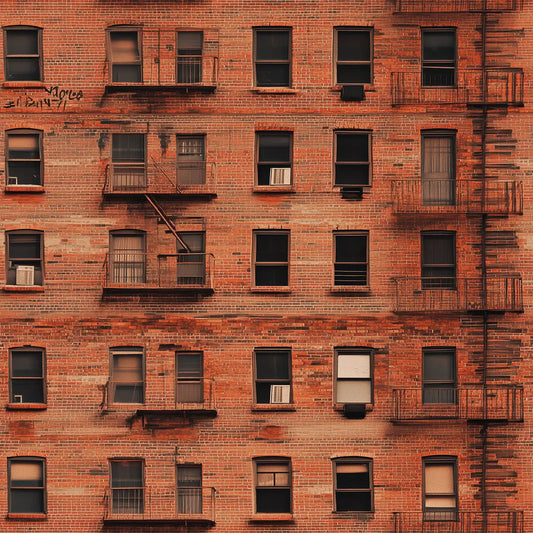 Nahaufnahme rote Ziegelfassade mit Fenstern Feuertreppen und Graffiti