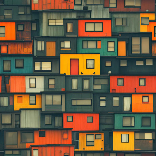 Muster mit gestapelten bunten Containerhaeusern in Orange Gelb Gruen und Rot