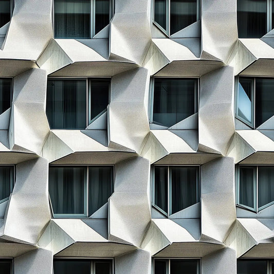 Detailansicht gefaltete weisse Betonfassade mit geometrischen Fensterrahmen