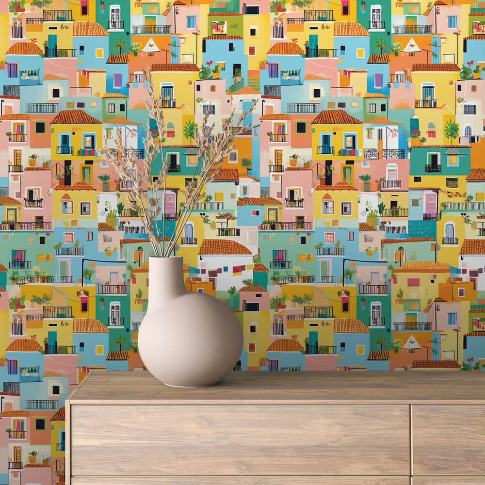 Dekofolie mit bunten Burano-Häusern in Pastell – für Kinderzimmer, Küche und farbenfrohe Wohnkonzepte PVC-freie Tapete schneller Versand▪️ Made in Germany PCC FoliaConcept GmbH