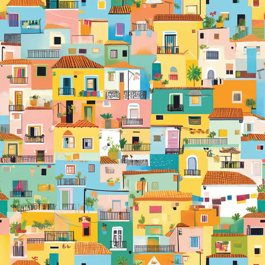 Buntes Muster mit mediterranen Haeusern Balkonen und Ziegeldaechern in Pastell