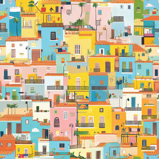 Illustriertes Muster mit mediterranen Haeusern Balkonen Palmen und Laternen