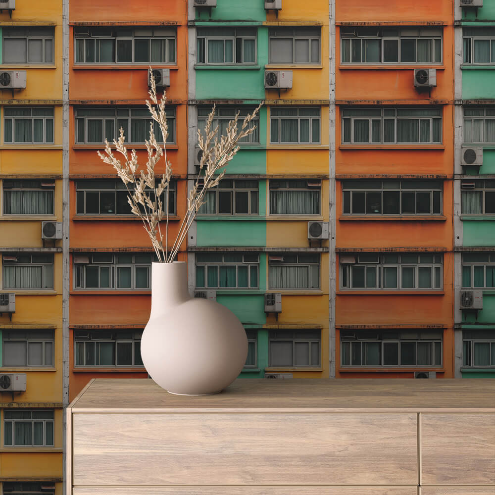 Fototapete der Kowloon Walled City in Pastell – urbane Tiefe trifft sanfte Farben. PVC-freie Tapete Lieferung 2-4 Werktage▪️ Made in Germany PCC FoliaConcept GmbH