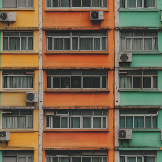 Bunte Hochhausfassade mit Klimaanlagen und Fenstern in warmen Pastelltoenen