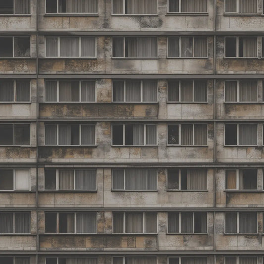 Graue Betonplattenbau-Fassade mit gleichmaessig angeordneten Fenstern
