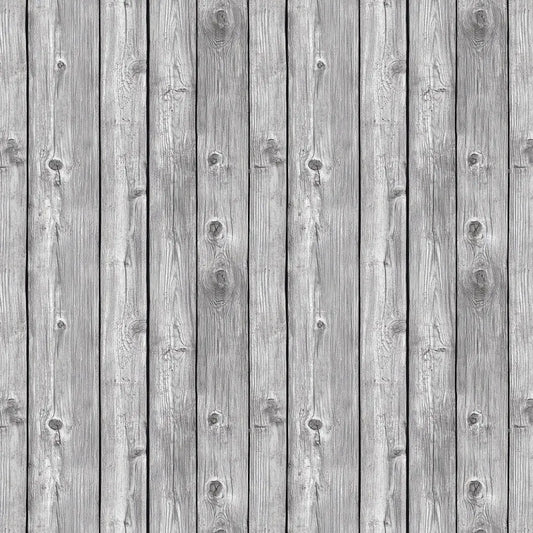 Holztapete mit realistischer Maserung in kühlem Grau für rustikale, industrielle Wandgestaltung im modernen Wohnstil.