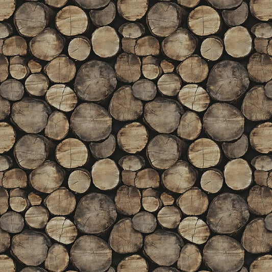 Fototapete mit realistischem Muster gestapelter Holzscheite für rustikale Wandgestaltung in Wohn- und Gastronomiebereichen.