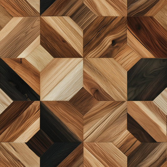 WOOD 0030 – grafischer Wandbelag mit 3D-Holz-Mosaik aus Eiche, Esche und Nussbaum. Ausdrucksstark, modern und natürlich.
