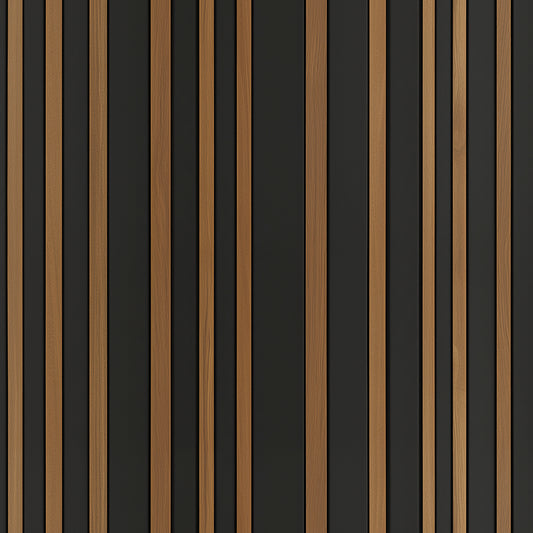 WOOD 0035 – Eleganter Wandbelag mit Eichenlamellen auf schwarzem Hintergrund. Klare Linienführung trifft auf warme Natürlichkeit für moderne Raumgestaltung.