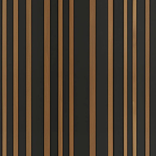 WOOD 0035 – Eleganter Wandbelag mit Eichenlamellen auf schwarzem Hintergrund. Klare Linienführung trifft auf warme Natürlichkeit für moderne Raumgestaltung.