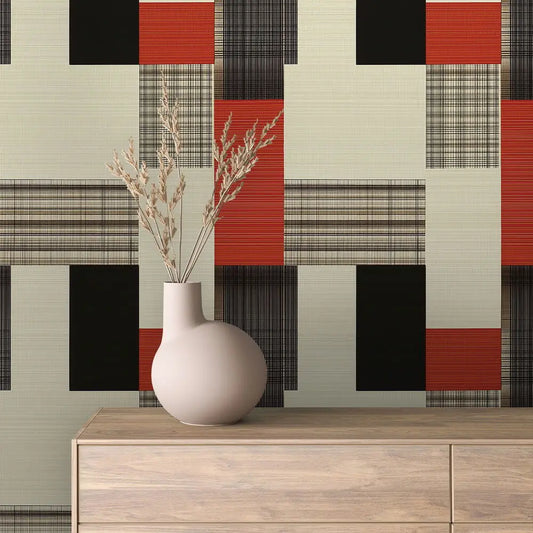 Selbstklebende geometrische Retro Tapete mit Karos in Rot, Schwarz & Beige – ideal für moderne Wohnräume im Vintage-Stil.