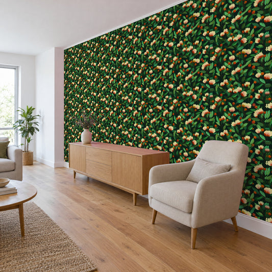 Green floral wallpaper with blossoms and berries in the living room behind a sideboard, angled view (room visualization)