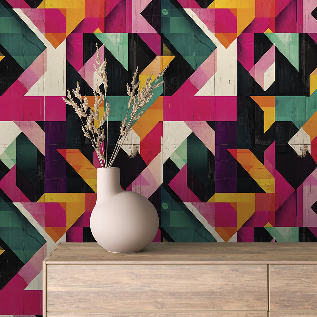 Geometrische Retro-Tapete in Pink, Gelb & Türkis