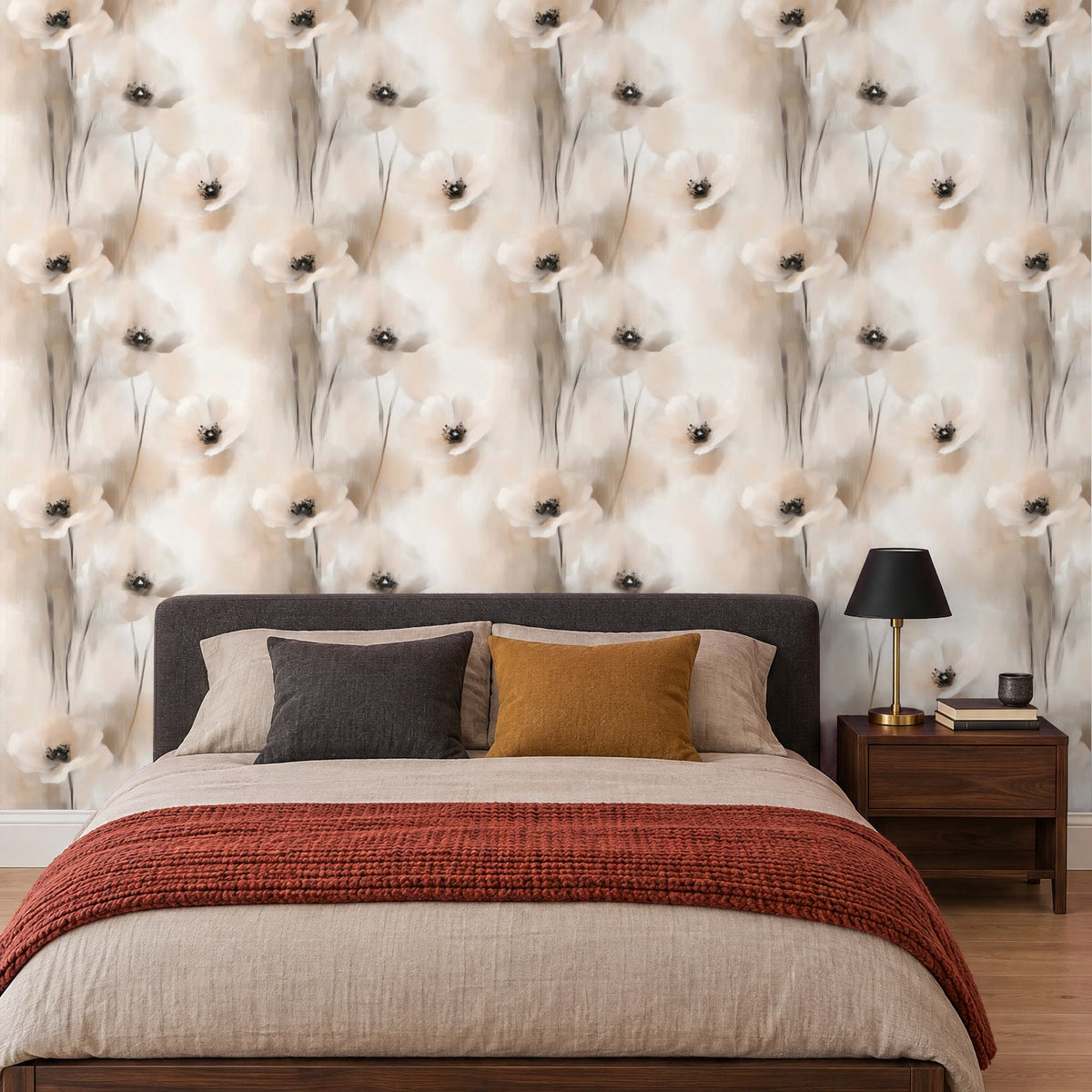 Blumentapete Aquarell Beige im Gästezimmer – Raumvisualisierung mit dem Originaldruck, selbstklebend | Pimp My Wall