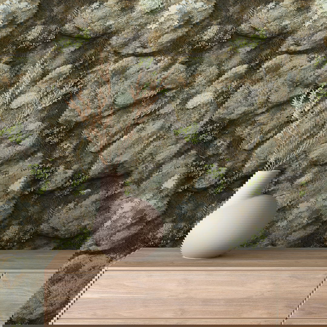 Natursteinwand mit Moos & Pflanzen als realistische Tapete PVC-frei, selbstklebend & hochwertig verarbeitet Für Innenräume mit Natur-Charme – by PCC FoliaConcept