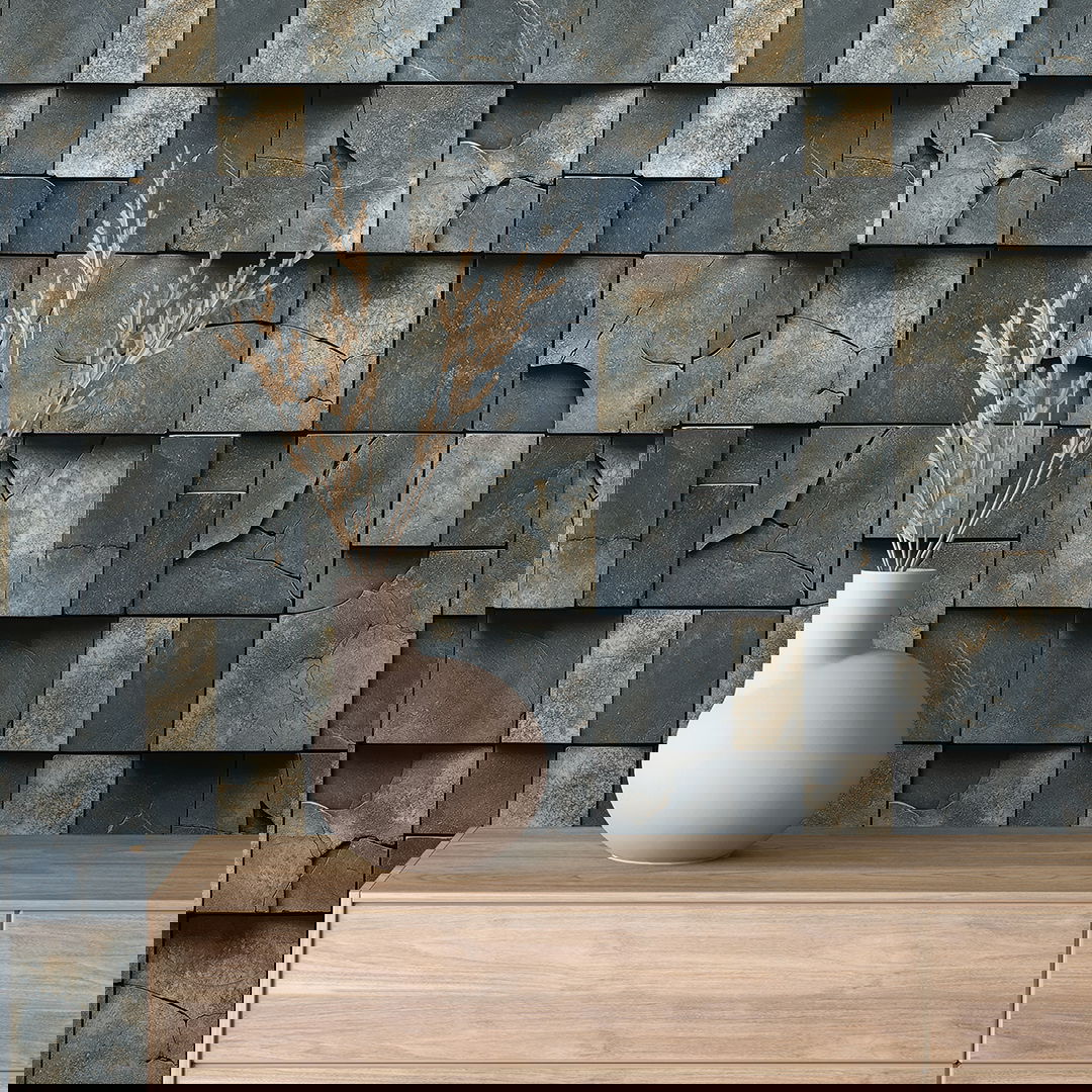 Industrial-Tapete mit rissigem Steinlook und 3D-Wirkung Geometrisch, grafisch & künstlerisch-rustikal Ideal für Loft, Studio oder Büro – by PCC FoliaConcept