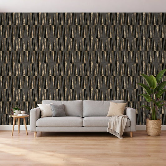 Tapete Schwarz Gold – Geometrische Dreiecke im Wohnzimmer hinter dem Sofa (Raumvisualisierung)
