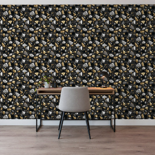 Terrazzo Tapete – Schwarz mit Gold und Marmor im Flur hinter einem Konsolentisch (Raumvisualisierung)