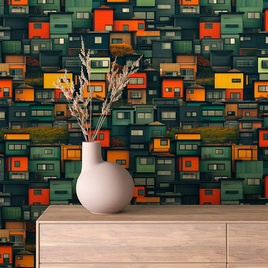 Selbstklebende Tapete mit gestapelten japanischen Haeusern in Gruen und Orange