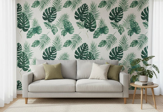 Wohnzimmer mit grauem Sofa und grüner tropischer Blätter-Tapete – moderne Wandgestaltung mit Fototapete