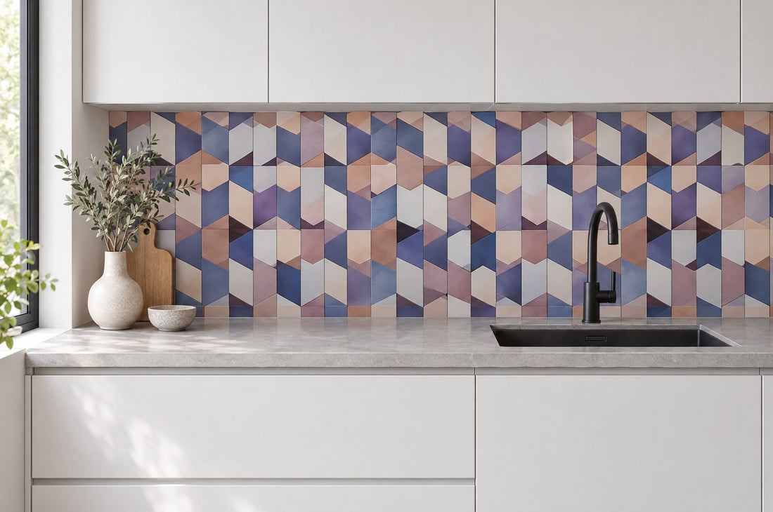 Moderne weiße Küche mit Fliesenfolie Indigo Zickzack als Küchenrückwand