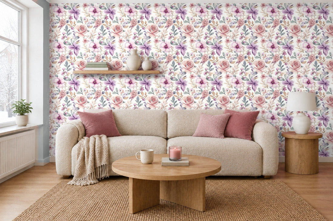 Helle Blumentapete Rosen Creme im Wohnzimmer hinter cremefarbenem Sofa mit altrosa Kissen (Raumvisualisierung)