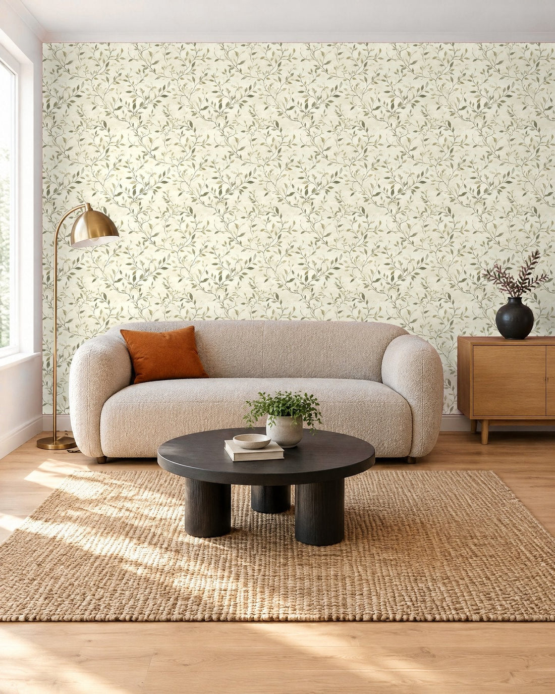 Grüne Blättertapete hinter dem Sofa im Wohnzimmer (Raumvisualisierung)