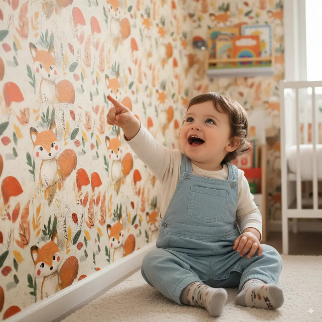 Alt-Text: Verspielte Mustertapete mit Füchsen im Kinderzimmer für kreative Träume