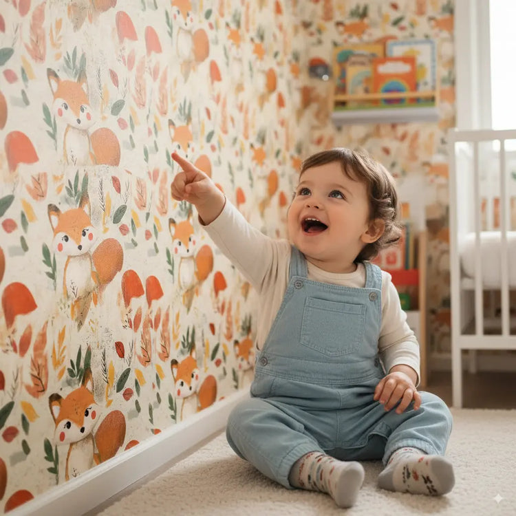 Alt-Text: Verspielte Mustertapete mit Füchsen im Kinderzimmer für kreative Träume