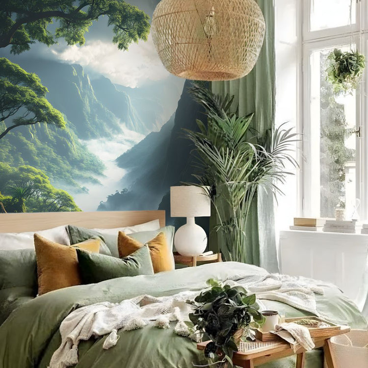 Schlafzimmer mit Landscahft-Tapete